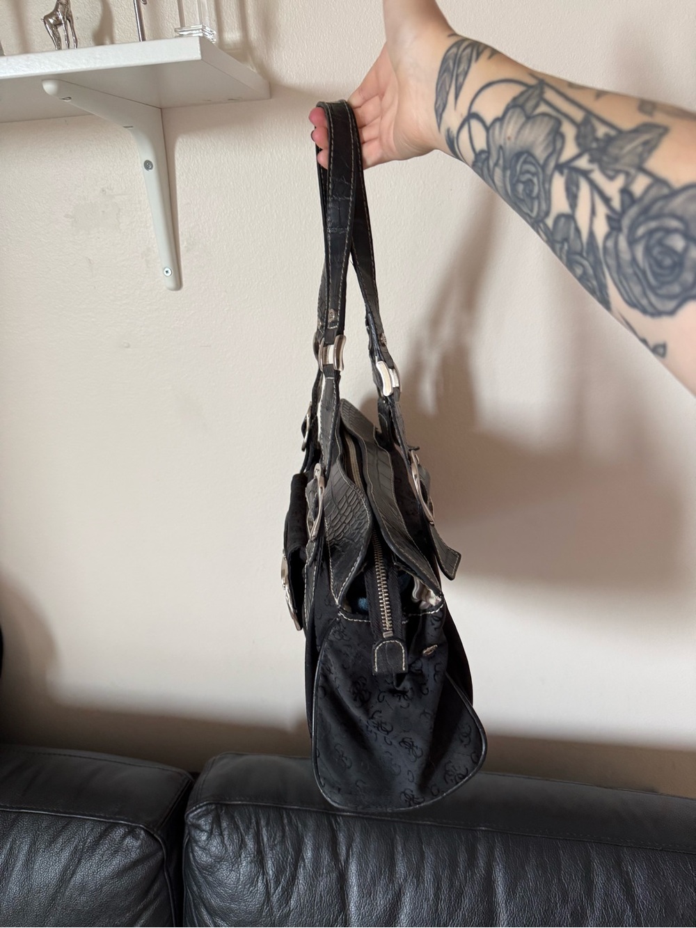 Guess Black Logo-Print Shoulder Bag with Silver Buckle - Picture 4 of 10